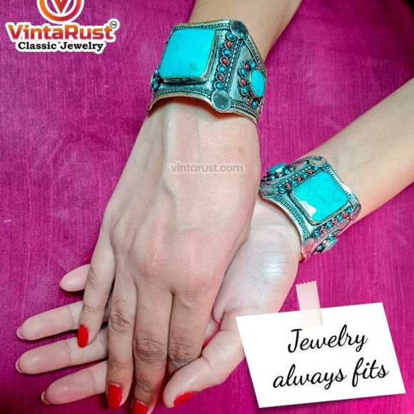 single Tribal Kuchi Stone Cuff Bracelet With Turquoise and Coral - Picture 1 of 3